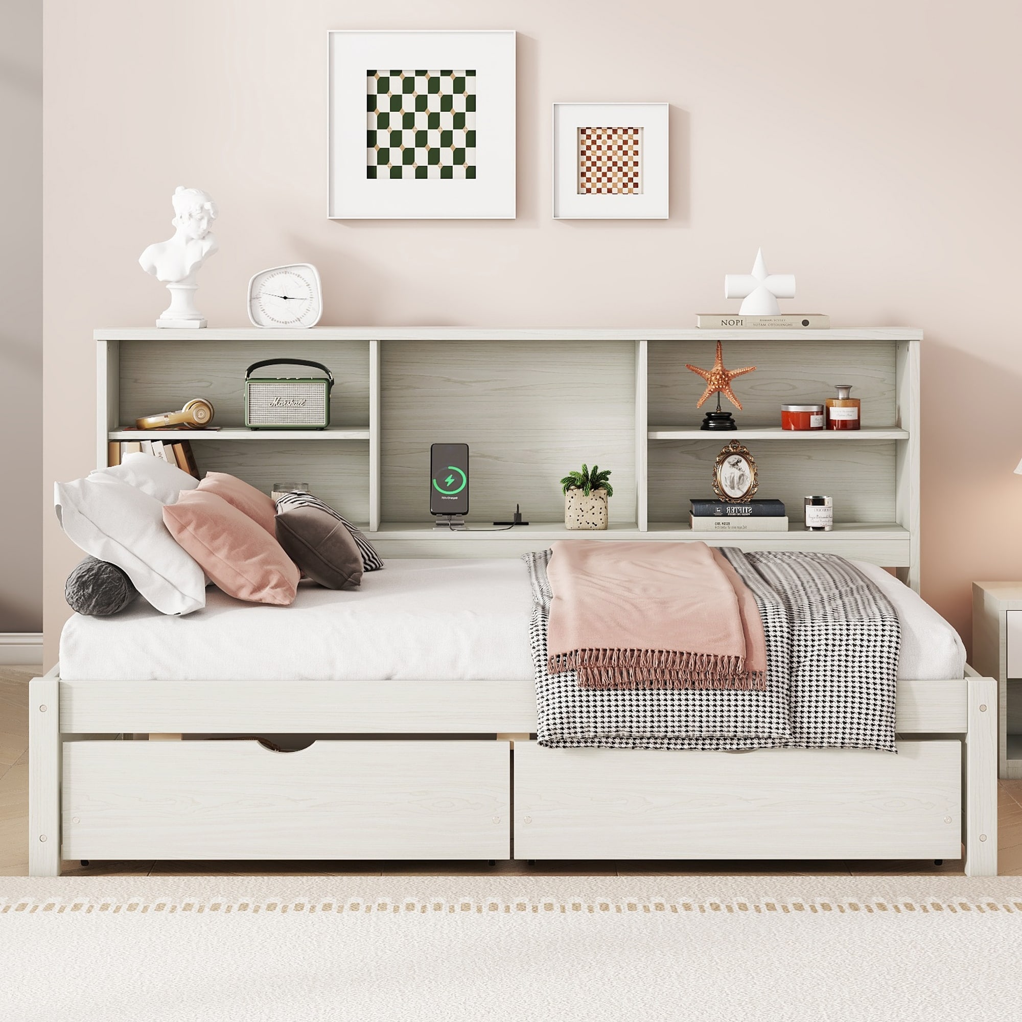Twin Size Daybed Rubberwood Sofa Bed Frame with Side Bookshelves, 2 Drawers and Built In USB Ports