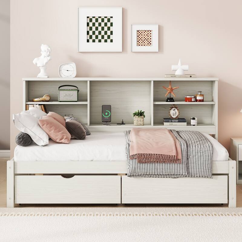 Twin Size Daybed with Built-In Side Bookshelves, Storage Drawers, and USB Charging Ports, Natural Wood Finish