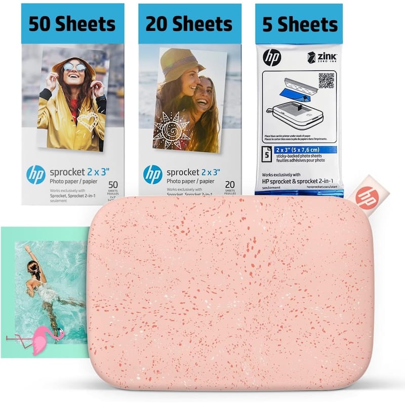 HP Sprocket 2x3 Instant Photo Printer, 75 Sheets, Wireless, Portable, Bundle - Pink
