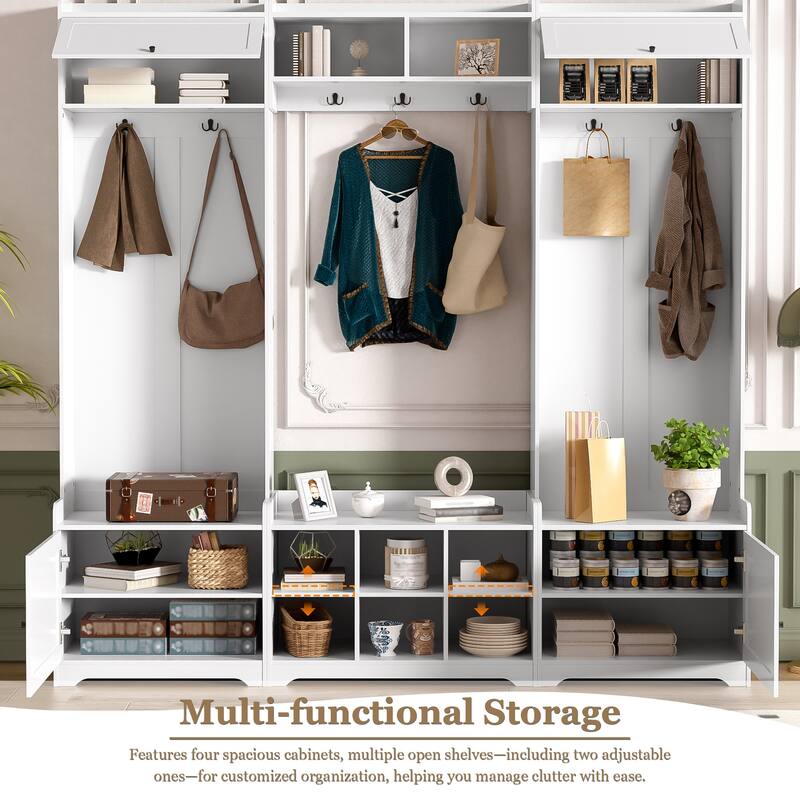 79.1" Wide Modern Hall Tree with Shoe Storage, 8 Cubbies & 7 Coat Hooks - Entryway Bench with Adjustable Shelf
