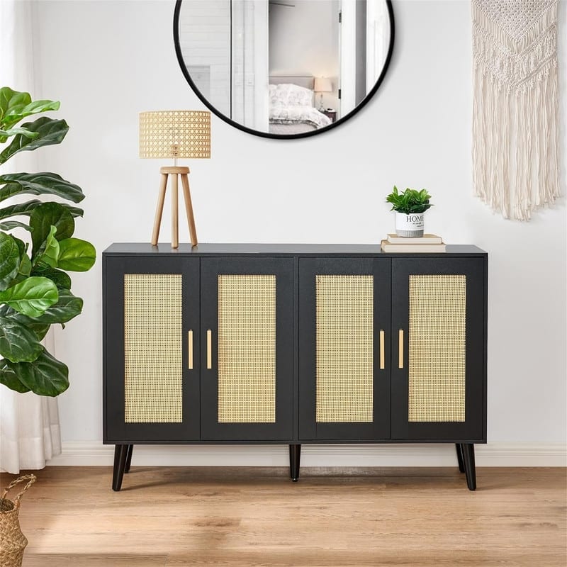 Rattan Sideboard Buffet Cabinet with 4 Doors and Adjustable Shelves - 11.8"D x 47.2"W x 29.5"H