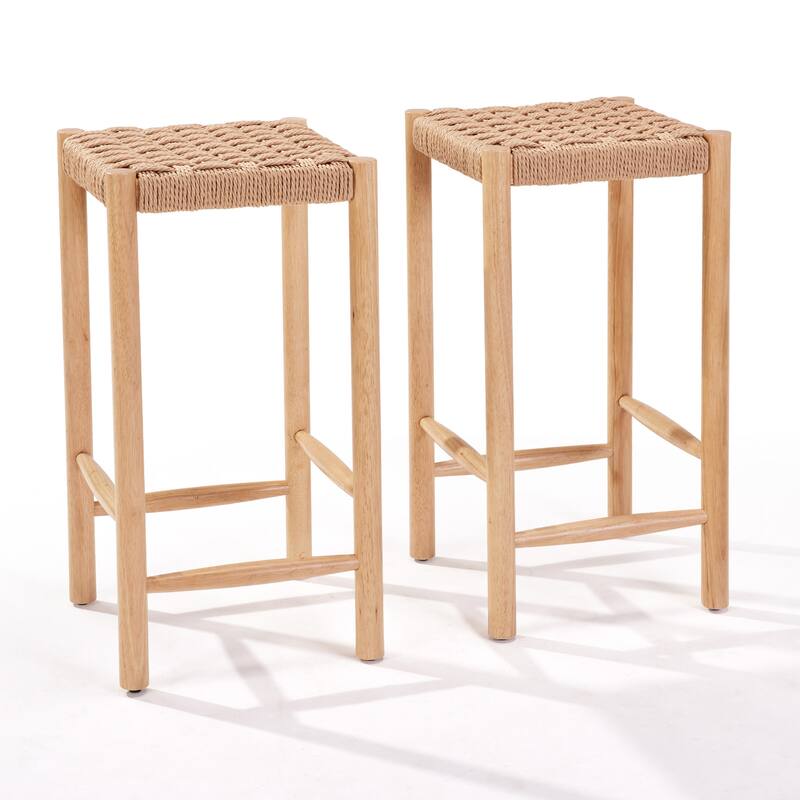26.5" Rattan Bar Stool With Solid Wood Frame (Set of 2)