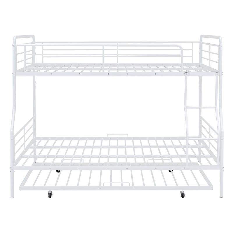 Full XL Over Queen Metal Bunk Bed w/ Twin Size Trundle, Dorm Convertible Heavy-Duty Iron Bed Frame w/ Ladder & Safety Guardrails