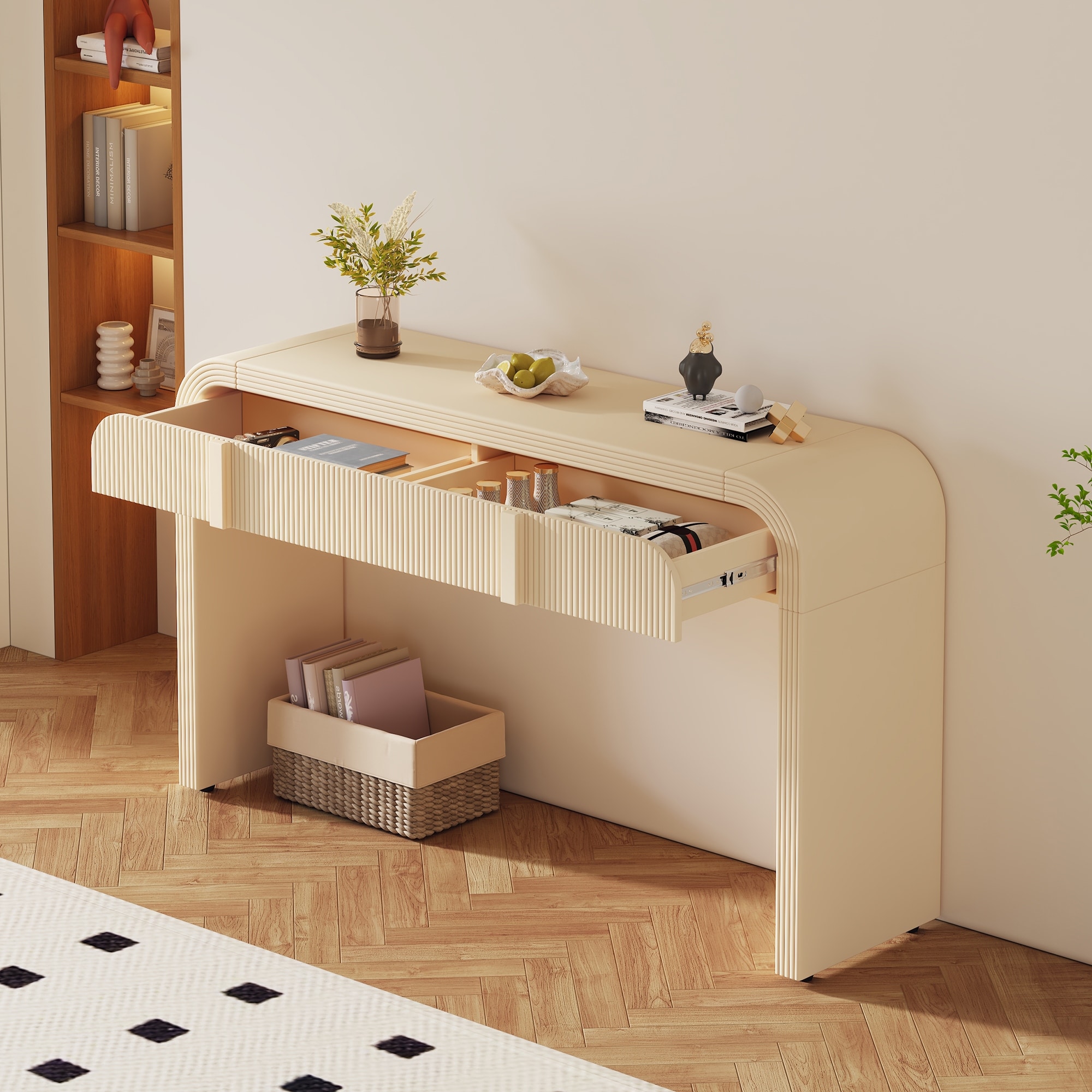 Modern Console Table With Two Storage Drawers And Rounded Silhouette For Hallway And Living Room