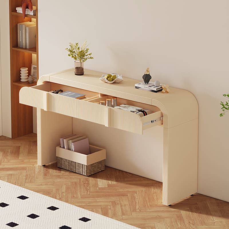 Modern Console Table with 2 Storage Drawers, Fluted Entryway Table - Apricot Cream