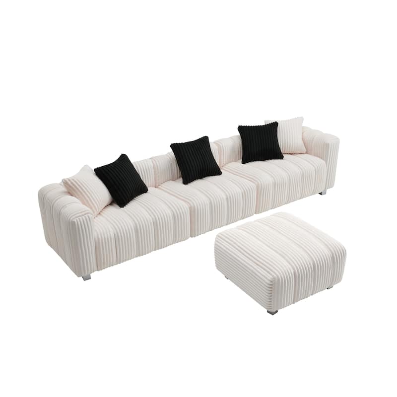 114.2" Corduroy 3-Seater Sectional Sofa with Ottoman & Wood Frame - Milk White