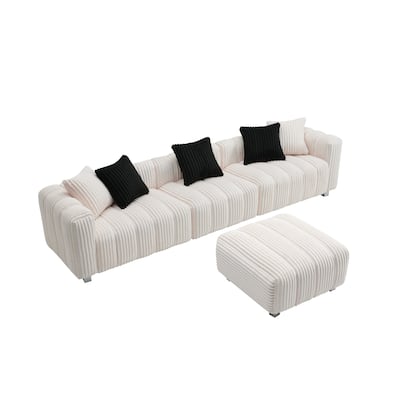 114.2" Corduroy 3-Seater Sectional Sofa with Ottoman & Wood Frame