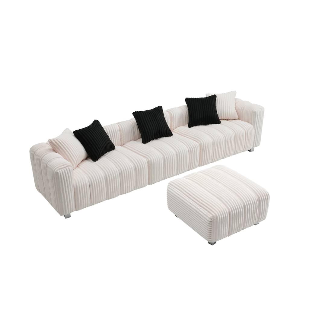 114.2" Corduroy 3-Seater Sectional Sofa with Ottoman & Wood Frame