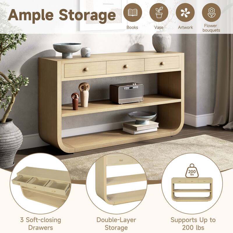 Christopher Knight Home - Modern Entryway Curved Console Table with Soft-Close Drawers & Open Shelves for Living Room, Hallway