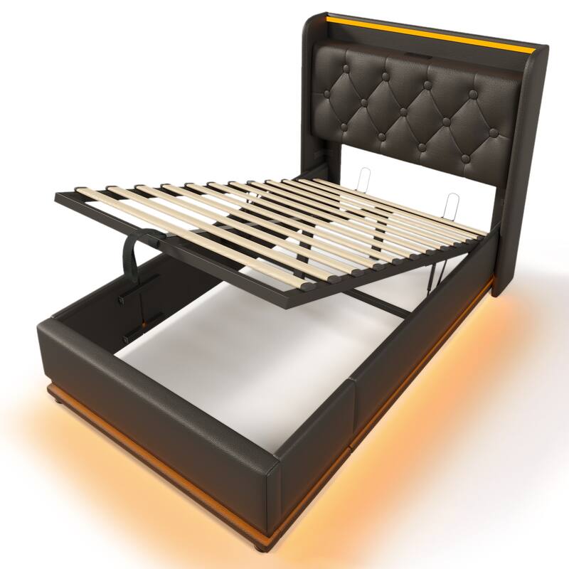 High Technology LED Storage Bed Platform Bed Upholstered Bed Frame with Tufted Design Headboard and USB Charging, Faux Leather