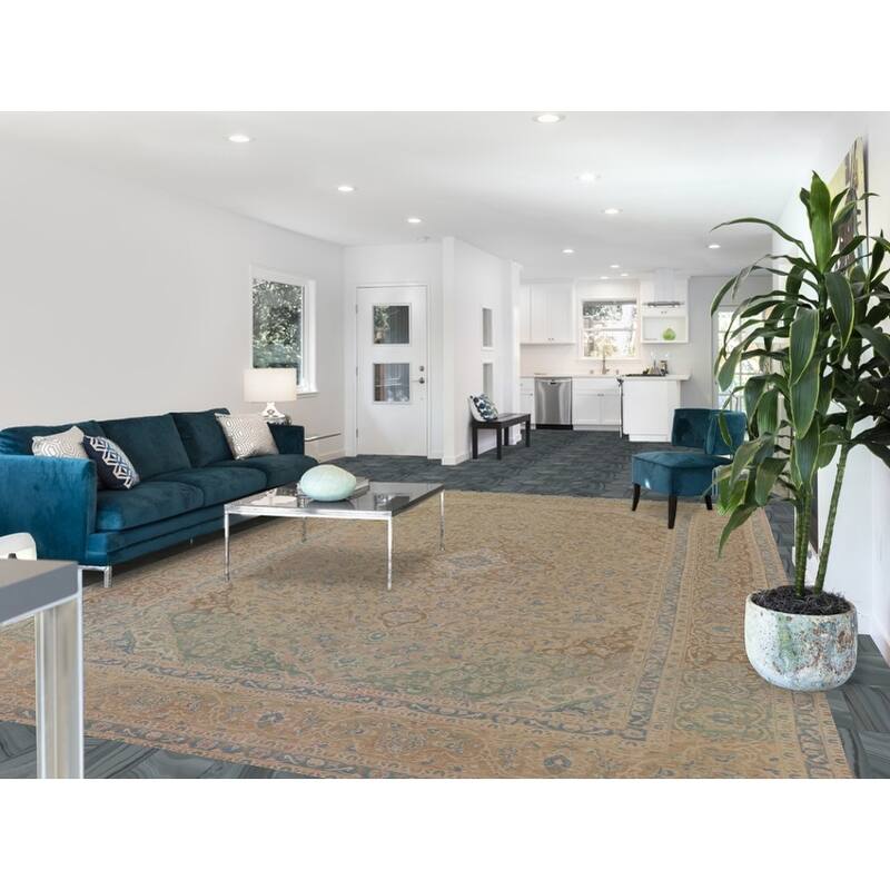 Muted Distressed Kashan Persian Antique Rug Hand-knotted Wool Carpet - 9'3" x 13'4"