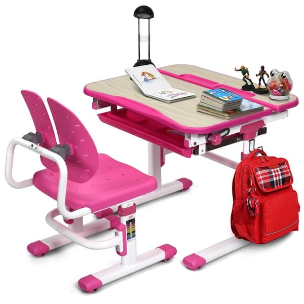 Kids Desk and Chair Set Adjustable Height Children Writing Table with Tiltable Tabletop and Pull-Out Drawer for 3-14 Years Old Kids Lifting Student Desk and Chair Set