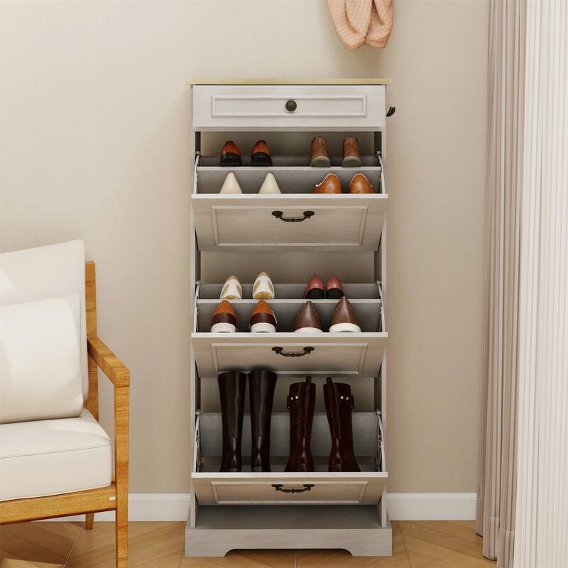 48.22 in. H x 20.86 in. W Antique White Shoe Cabinet with 1 Drawer and 3 Flip Drawers