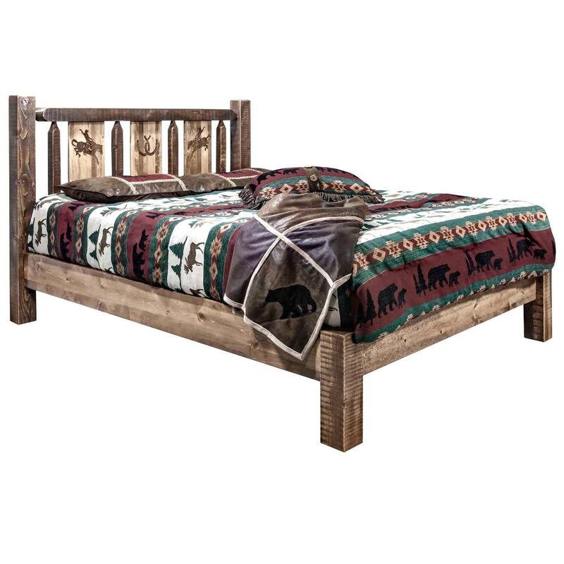 King Size Platform Bed - Rustic Bronc Design - Laser Engraved Headboard - Clear Lacquer Finish