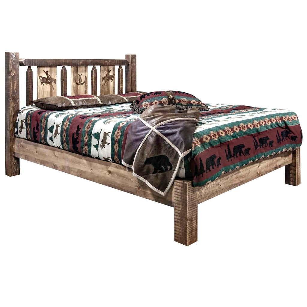 Rustic Platform Bed - Bronc Design - Laser Engraved Wood - Bedroom Furniture