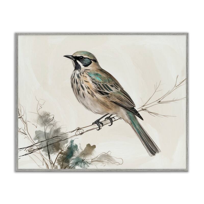Stupell Perched Bird Illustration Framed Giclee Art Design By LSR Creative Studio - 14 x 11 - Grey