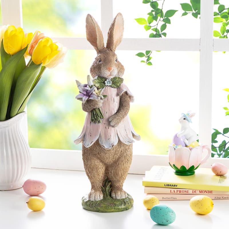 Glitzhome Easter Resin Bunny Boy Girl Table Decor with Flower Rabbit Figurine Ornaments