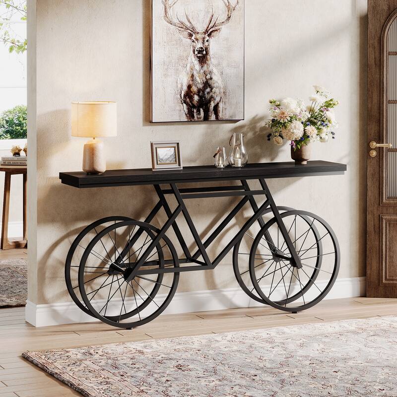70.9-Inch Long Narrow Console Table with Metal Bicycle Base - Brown - 70.87" L x 11.81" W x 33.46" H
