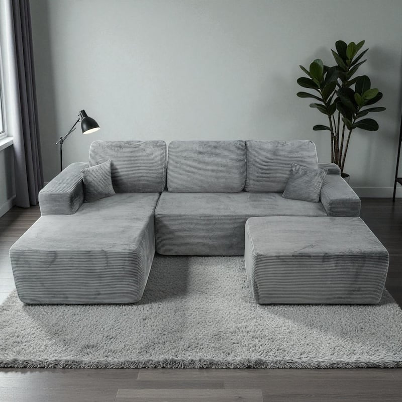 105" Cloud Sectional Couch with U-Shaped Chaise, Modular Corduroy Sofa with Deep Seats, Upholstered Living Room Couch - Grey
