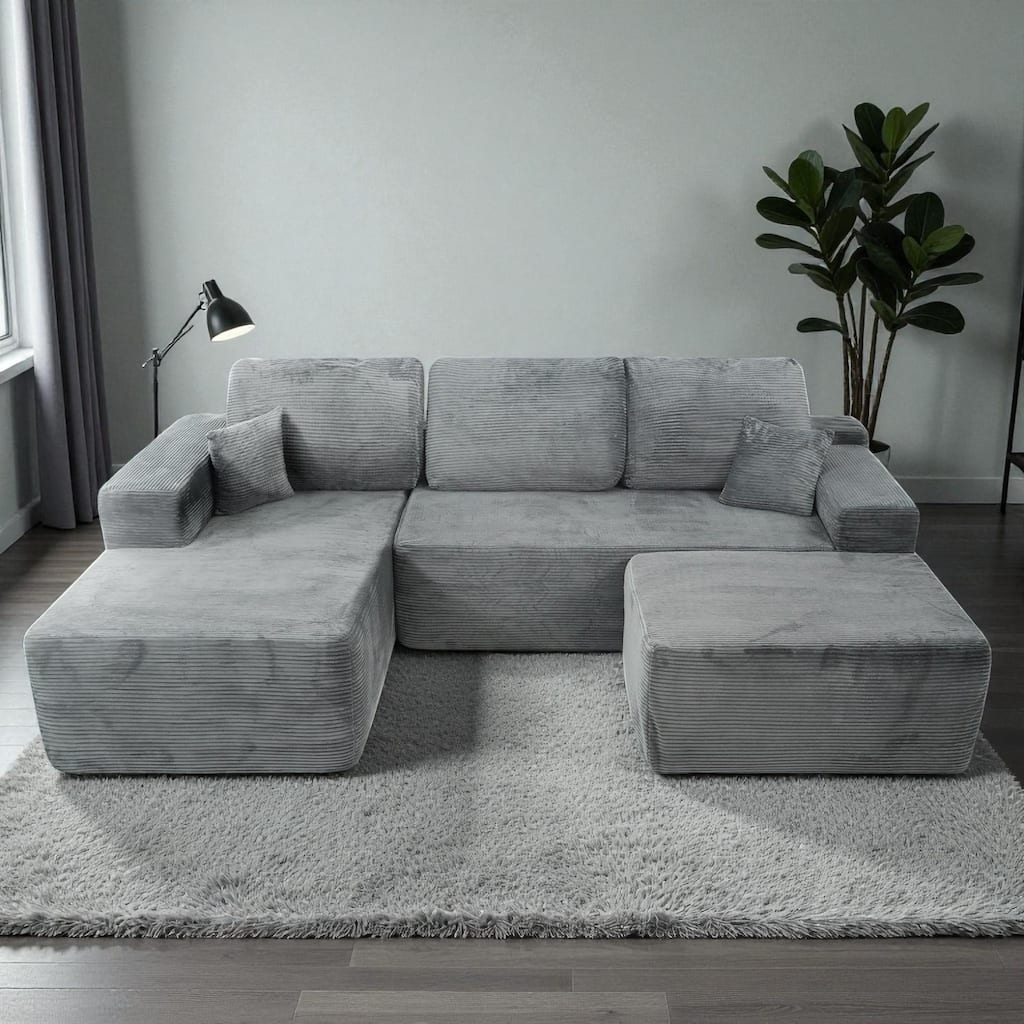 105" Cloud Sectional Couch with U-Shaped Chaise, Modular Corduroy Sofa with Deep Seats, Upholstered Living Room Couch