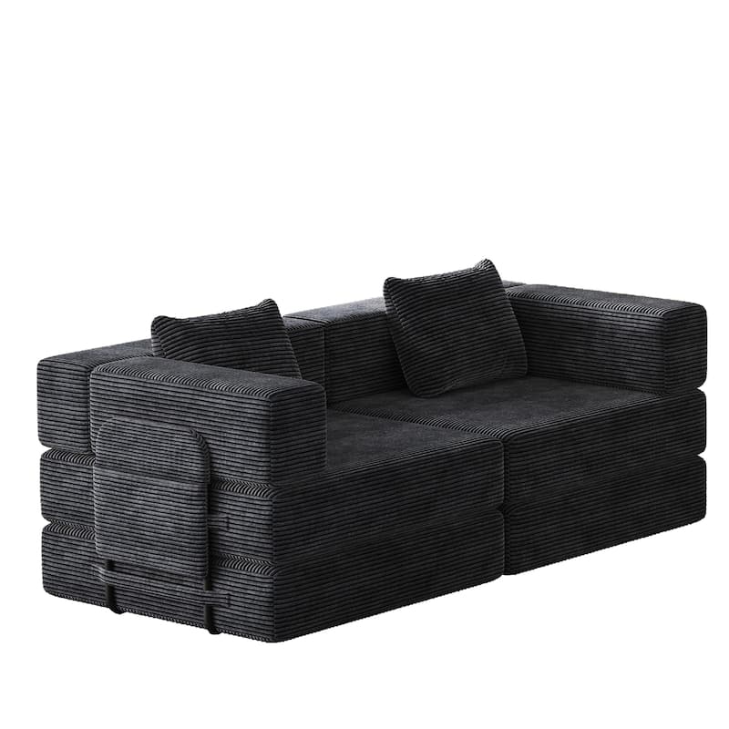 Folding Loveseat Sofa Convertible Sleeper Sofa Bed, Floor Standing Couch Bed Corduroy Floor Mats with Side Pockets and Pillows