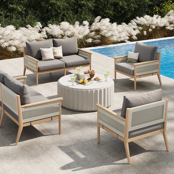9-Piece Wicker Outdoor Sectional Conversation Set With Beige Cushions And Acacia Wood Legs