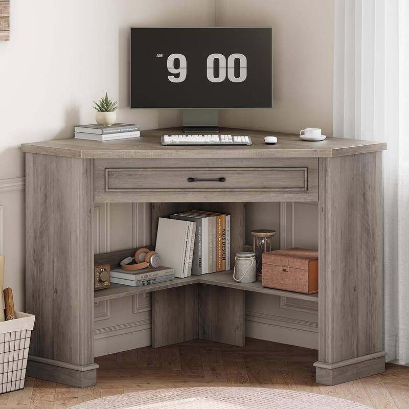 Small Corner Desk Triangle Computer Desk Drawer Storage Shelves