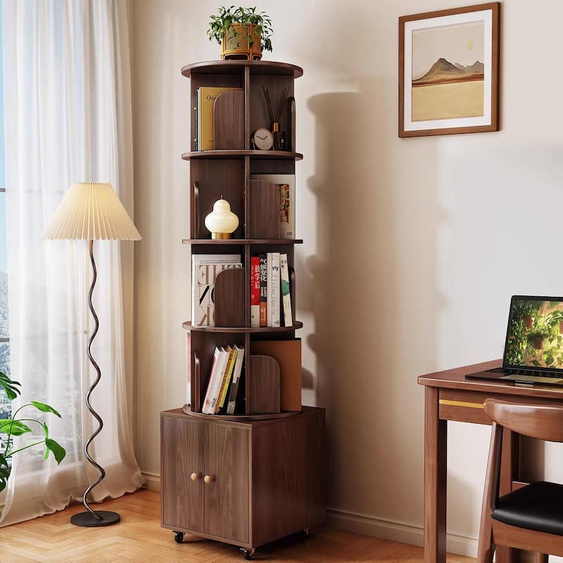 360 Degree Display 5 Tier Corner Bookshelf with Drawer, Floor Standing Bookcase Storage Rack, Wood Narrow Book Shelf Organizer - Walnut Brown