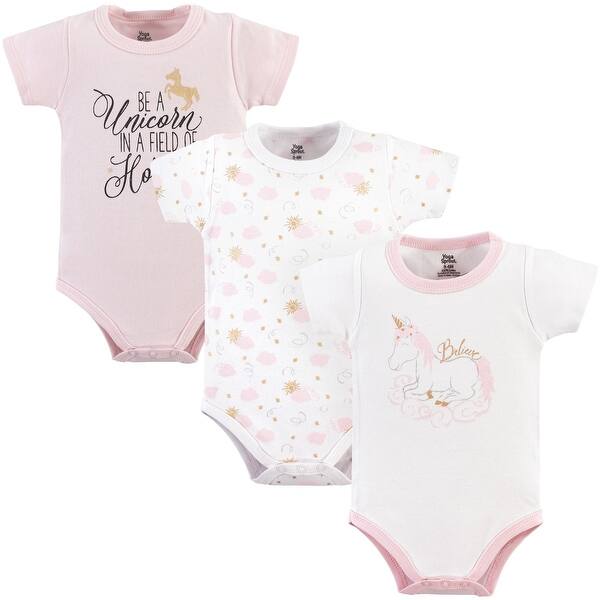 slide 1 of 1, Yoga Sprout Baby Girl Cotton Bodysuits 3pk, Unicorn 0-3 Months - Unicorn 3-Pack