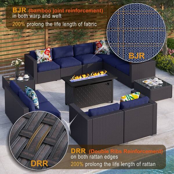 slide 2 of 18, MakeYourDay 10-Seater Rattan Sectional Sofa Set with 2 Kinds of Gas Fire Pit Tables