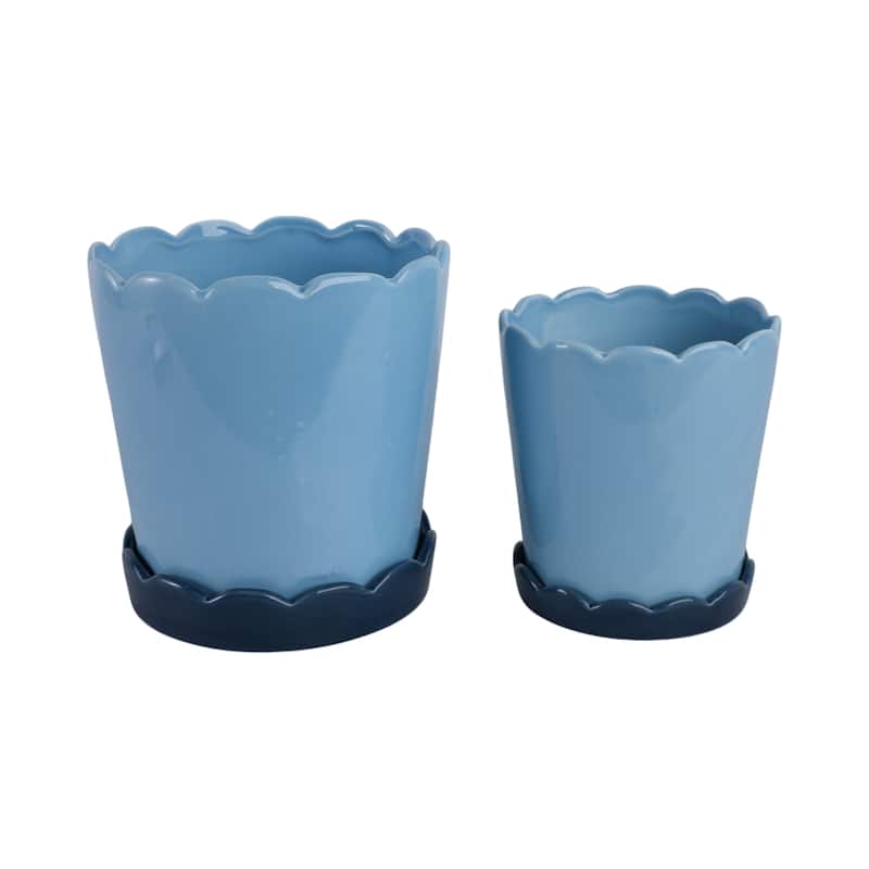 Ceramic Saucer Planters Scalloped Edge Design Modern Shape (Set of 2) - 8" x 8" x 8" - Blue - 8" x 8" x 8"