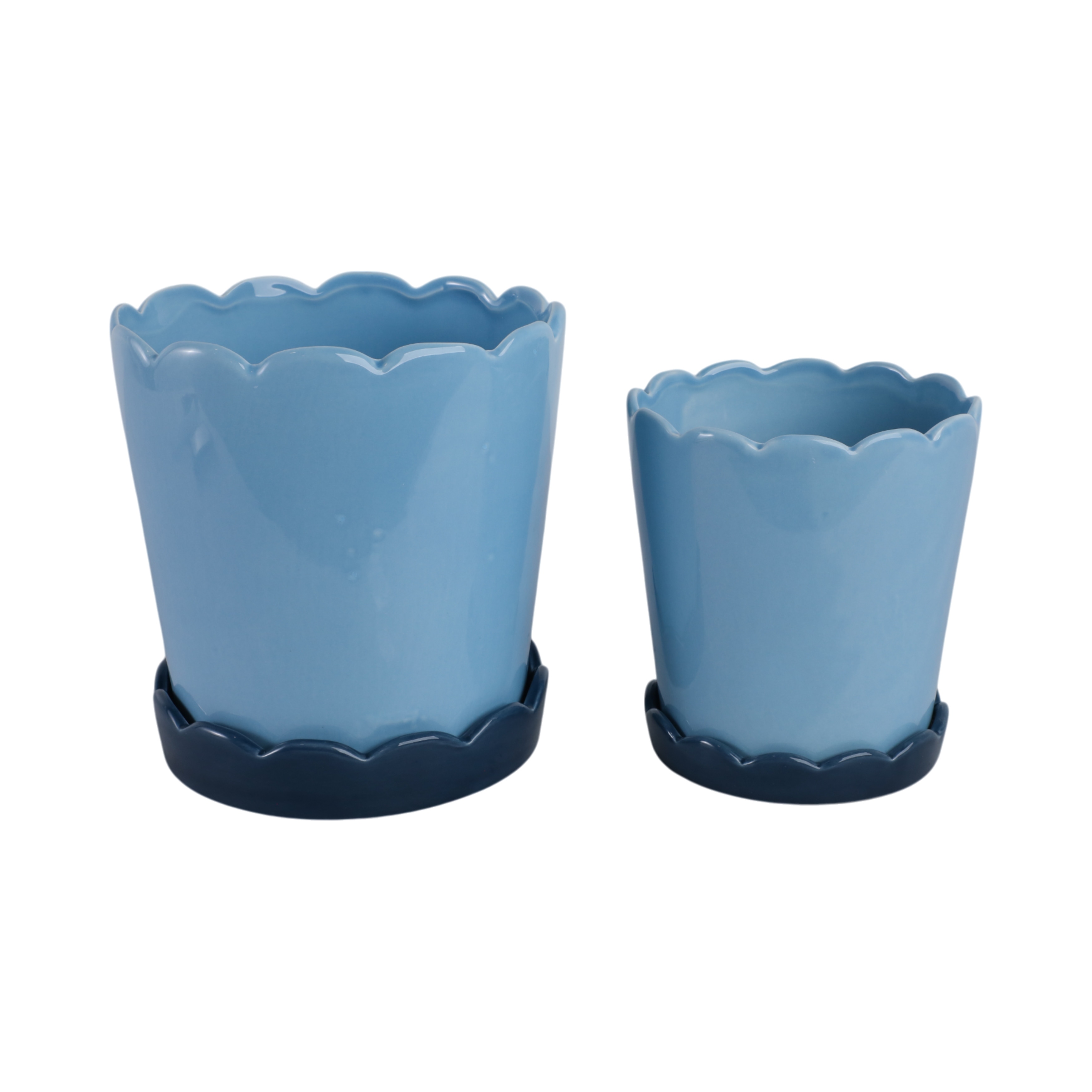 Ceramic Saucer Planters Scalloped Edge Design Modern Shape (Set of 2) - 8" x 8" x 8"
