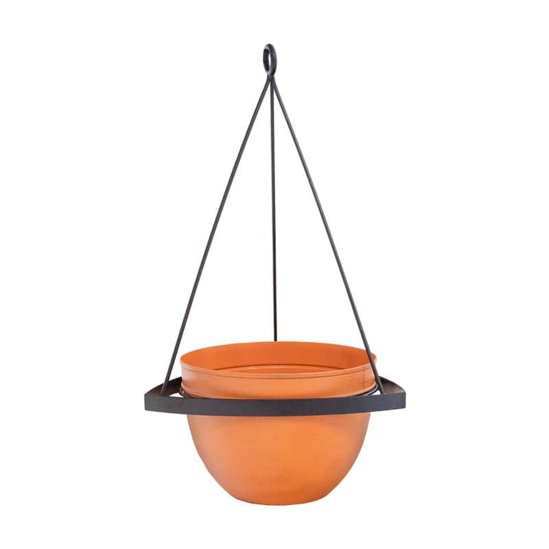 Achla Designs 28"H Black Wrought Iron Lina Hanging Planter w/ Burnt Sienna Galvanized Steel Pot