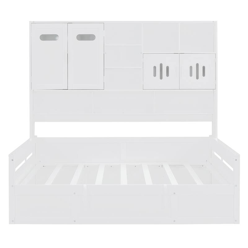 Wooden Daybed Storage Platform Bed with All-in-One Cabinet and Shelf, 10 Slats Multi-Functional Space-Optimizing Bed Frame