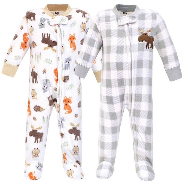 slide 1 of 1, Hudson Baby Infant Boy Fleece Zipper Sleep and Play 2pk, Woodland 0-3 Months - Woodland