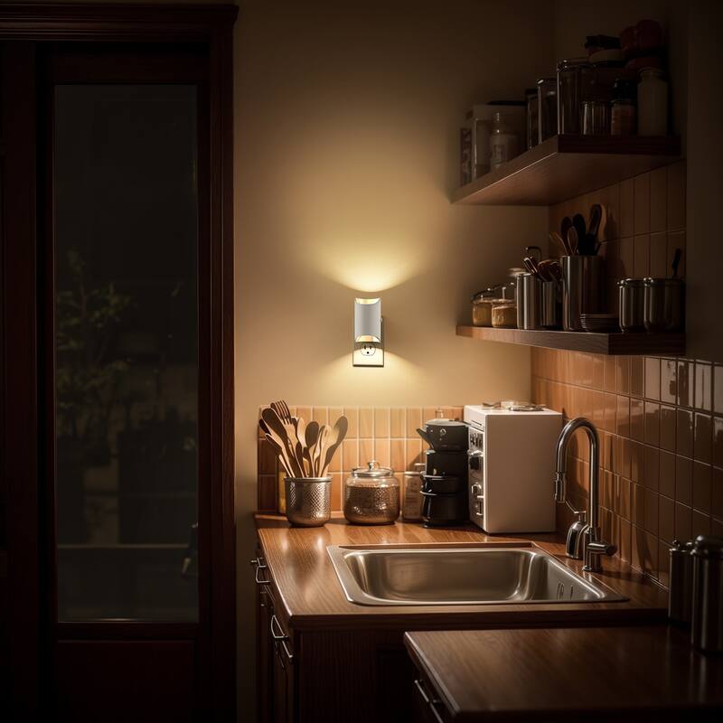 YANSUN Set of 2 Plug-in Dusk-to-Dawn Night Lights, White Cylinder Wall Lamp, 3000K Warm Light, Sliding Dimmer, Chrome Accent