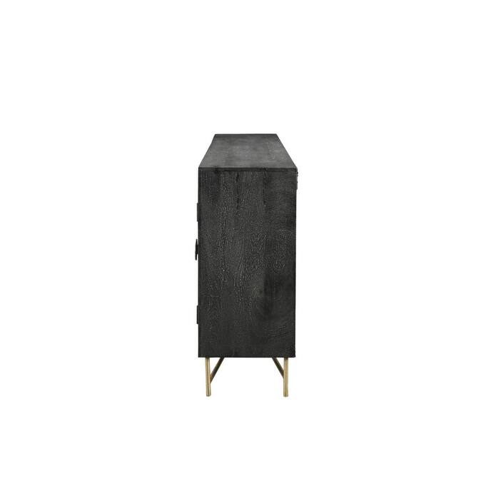 HomeRoots 95" Black Distressed Solid Wood Carved Geometric Sideboard with Six Doors - 95.00 in. x 37.00 in. x 15.50 in.
