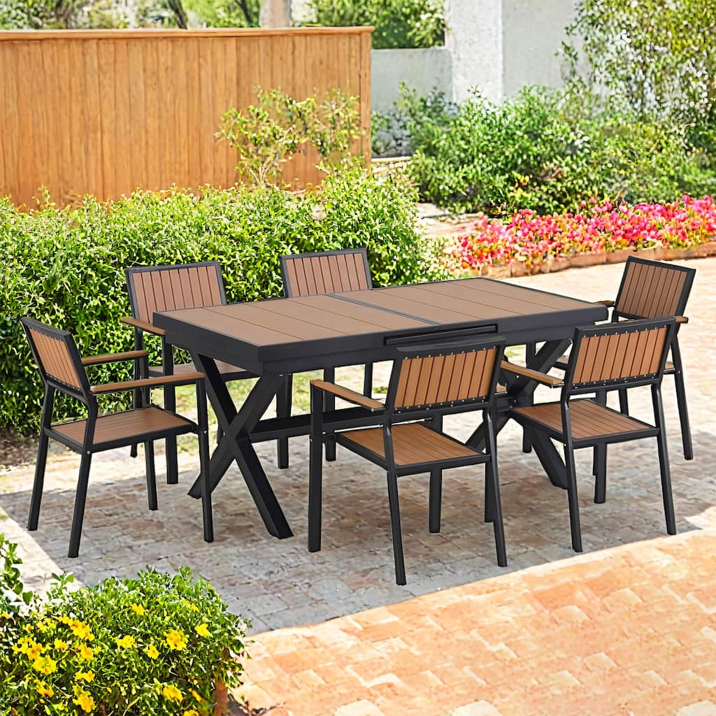 Flexible Outdoor Dining Set,6 Chairs and Extendable Table,62.9" to 82.6"