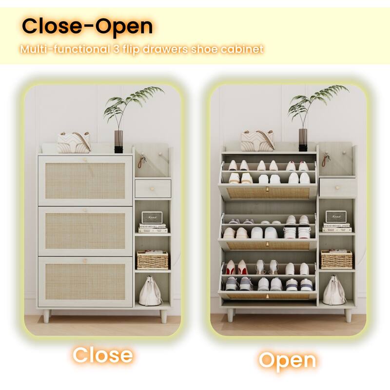 Boho-Inspired Shoe Organizer Rack Cabinet with 3 Rattan Flip Storage Drawers, 3 Shelves, and Hooks for Hallway, Entryway