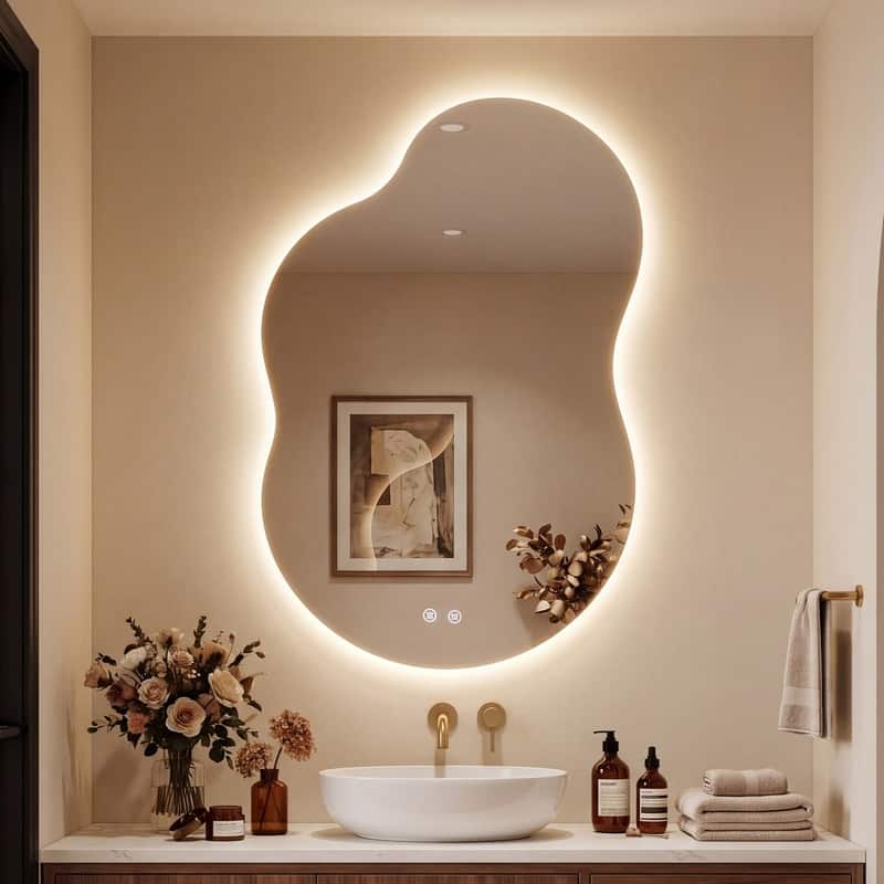 Irregular Frameless Backlit Bathroom Mirror, Asymmetrical Vanity Mirror, Anti-Fog, Dimmable, Memory