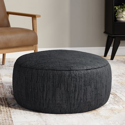 Simpli Home Fredrik 30" Wide Boho Pouf in Black Genuine Woven Leather, Assembled