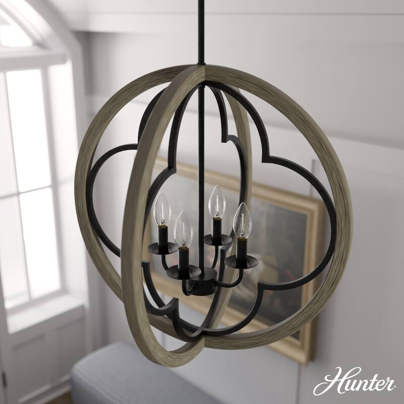 Hunter 24" Gablecrest 4-Light Pendant - Kitchen Island, Dining Room, Entry - Farmhouse, Transitional, French Country, Distressed - French Oak and Rustic Iron