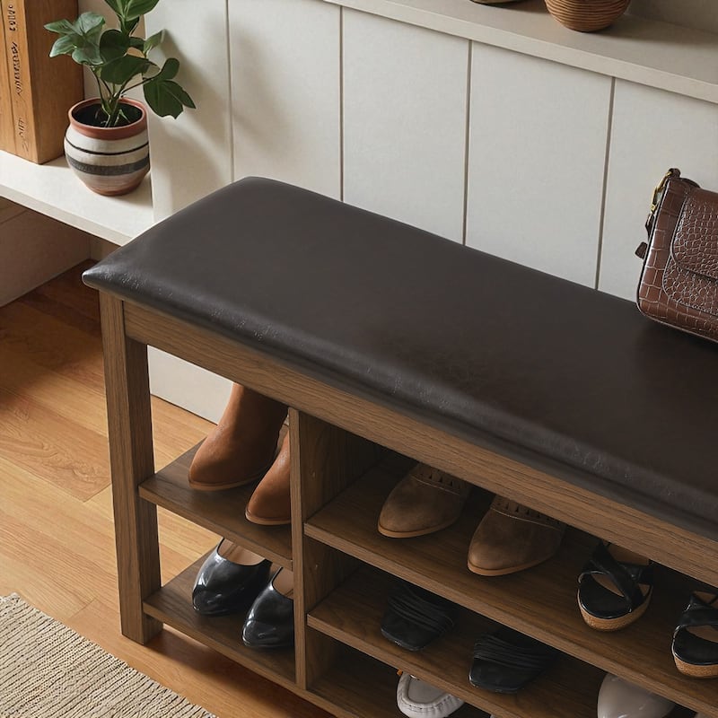 Height-Adjustable Rubberwood Shoe Bench, 39.5" Entryway Bench with Cushion, Concealed Storage & 3-Tier Shoe Rack