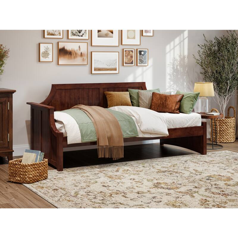 Twin Daybed with Wood Frame - Walnut Finish, Curved Backboard, Day Bed for Living Room or Guest Room