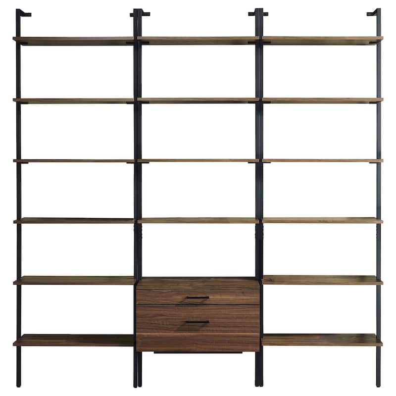 Wens 3pc Wall Mounted Bookcase Set, Shelves, 2 Drawers, Walnut Brown