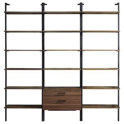 Wens 3pc Wall Mounted Bookcase Set, Shelves, 2 Drawers, Walnut Brown