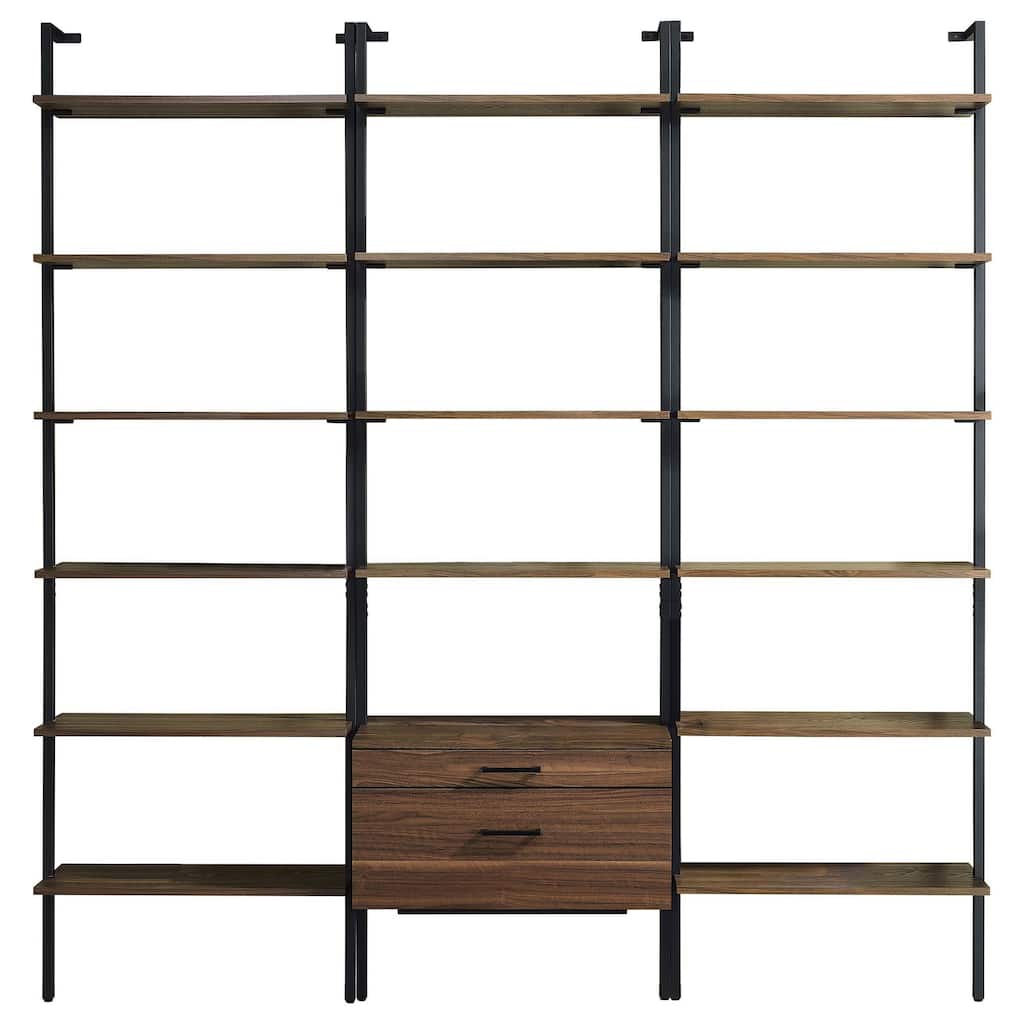 Wens 3pc Wall Mounted Bookcase Set, Shelves, 2 Drawers, Walnut Brown
