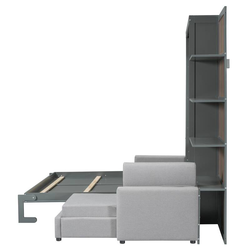 Queen Size Murphy Bed Wall Bed with L Shaped Sofa, Wooden Wall Murphy Bed Frame with Storage Shelves, No Box Spring Needed