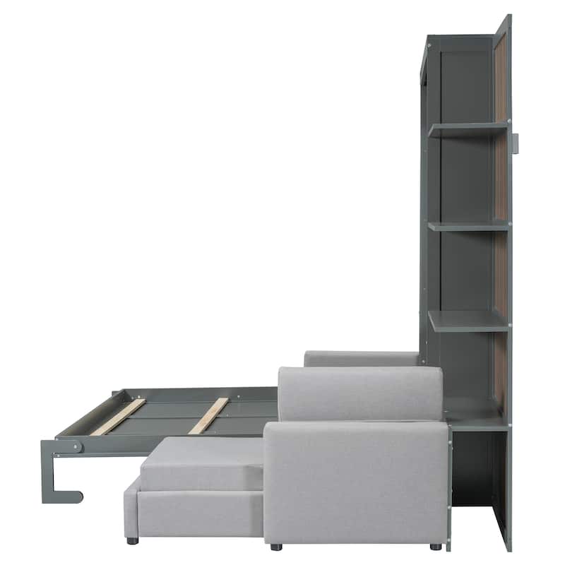 Queen Size Wall Bed with Sofa and Shelves, Gray