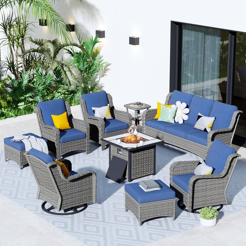 OVIOS 9-piece Patio Wicker Swivel Chair Set With 30" Fire Pit - Denim Blue-Grey Wicker